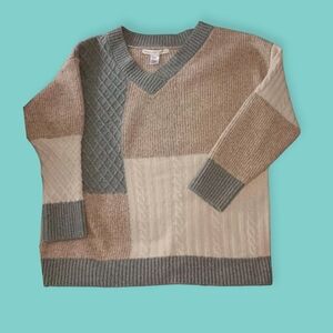 Altar'd State V-Neck Patchwork Sweater - Gray and Brown